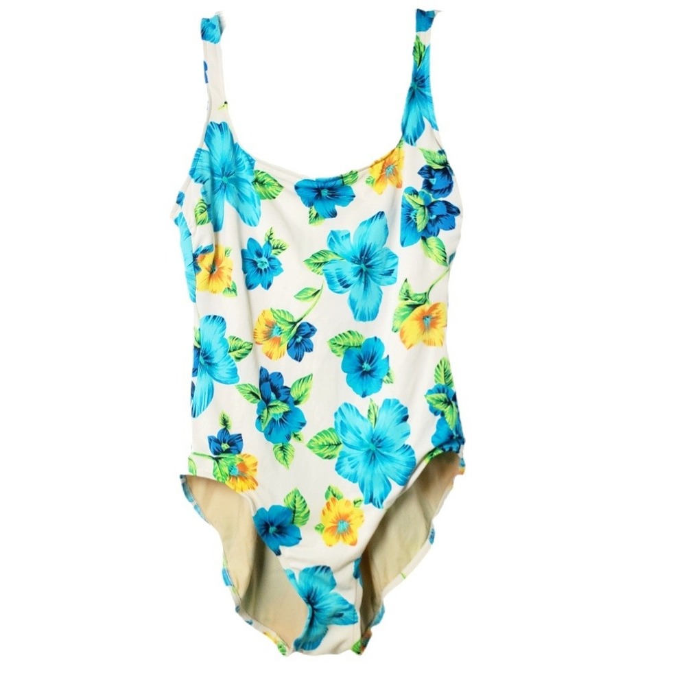 Talbots Vintage Floral One Piece Swimsuit Cream Blue‎ Yellow Underwire Size 12L